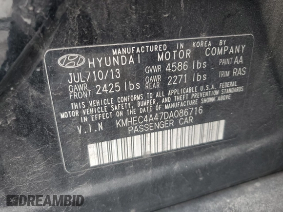 2013 Hyundai Sonata with VIN KMHEC4A47DA086716, listed as a Copart auction lot 44320485 with 125,558 mi miles and Salvage Title. Bid and sale history available at carsss.com. Image 14.
