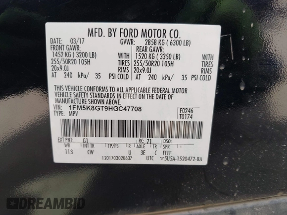 2017 Ford Explorer Sport with VIN 1FM5K8GT9HGC47708, listed as a IAAI auction lot 42117771 with 141,363 mi miles and . Bid and sale history available at DreamBid. Image 9.