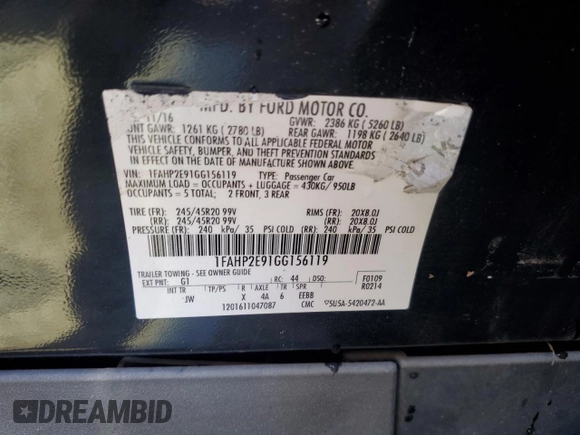 2016 Ford Taurus SEL with VIN 1FAHP2E91GG156119, listed as a Copart auction lot 66157463 with 80,090 mi miles and . Bid and sale history available at DreamBid. Image 12.