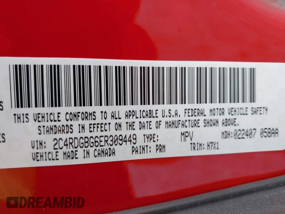 2014 Dodge Grand Caravan American Value with VIN 2C4RDGBG6ER309449, listed as a IAAI auction lot 42148824 with 198,532 mi miles and . Bid and sale history available at DreamBid. Image 9.