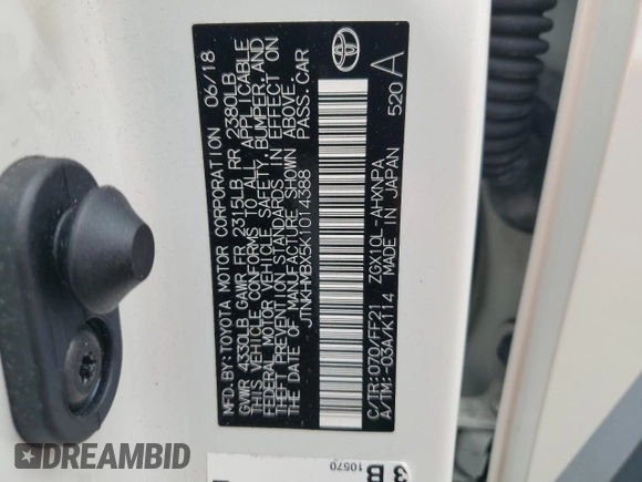 2019 Toyota C-HR XLE with VIN JTNKHMBX5K1014388, listed as a Copart auction lot 55607315 with 80,738 mi miles and Non Repairable. Bid and sale history available at DreamBid. Image 14.
