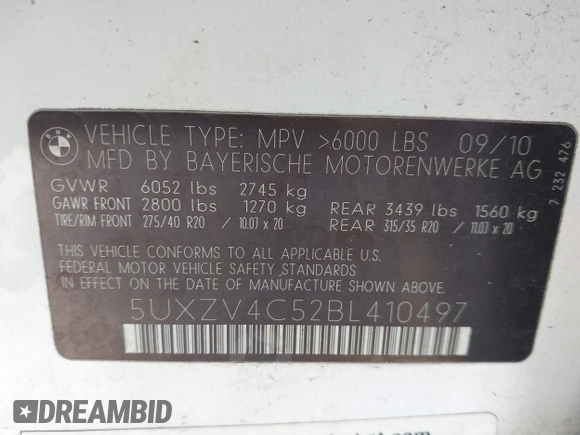 2011 BMW X5 35i with VIN 5UXZV4C52BL410497, listed as a IAAI auction lot 41995459 with 162,781 mi miles. Bid and sale history available at carsss.com. Image 9.