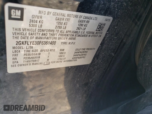 2015 GMC Terrain SLT с VIN 2GKFLYE30F6361400, выставлен на аукционе Copart как лот 62314245 с пробегом 126 038 миль миль и Чистый • Clean title. История ставок и продаж доступна на DreamBid. Изображение 12.