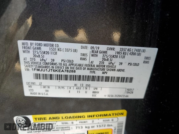 2019 Ford Expedition XLT z VIN 1FMJU1JT6KEA78288, wystawiony jako Copart lot #58875085 z przebiegiem Nie podano mil oraz Szkoda całkowita • Salvage title. Historia ofert i sprzedaży dostępna na DreamBid. Obrazek 13.