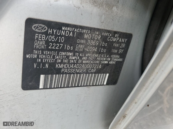 2010 Hyundai Elantra SE with VIN KMHDU4AD2AU007214, listed as a Copart auction lot 52093155 with 97,553 mi miles and Clean Title. Bid and sale history available at carsss.com. Image 12.