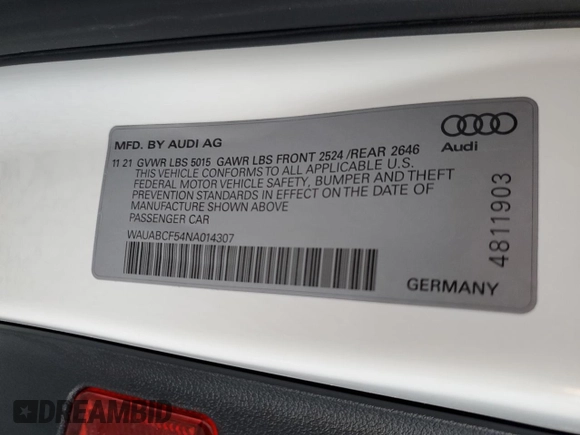 2022 Audi A5 Sportback Premium with VIN WAUABCF54NA014307, listed as a Copart auction lot 71891573 with 25,486 mi miles. Bid and sale history available at carsss.com. Image 12.