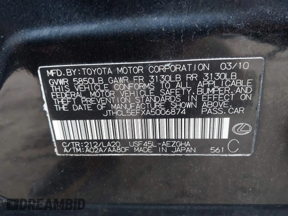 2010 Lexus LS 460 with VIN JTHCL5EFXA5006874, listed as a IAAI auction lot 41393546 with 177,007 mi miles and . Bid and sale history available at DreamBid. Image 9.