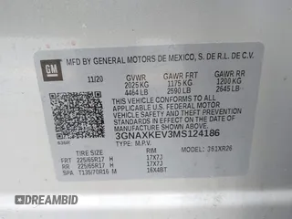 2021 Chevrolet Equinox LT with VIN 3GNAXKEV3MS124186, listed as a IAAI auction lot 41940798 with 83,343 mi miles. Bid and sale history available at carsss.com. Image 9.