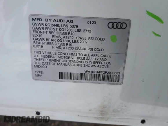 2023 Audi Q5 Premium Plus with VIN WA1BBAFY2P2093652, listed as a Copart auction lot 88666715 with 9,990 mi miles and Salvage title. Bid and sale history available at DreamBid. Image 12.