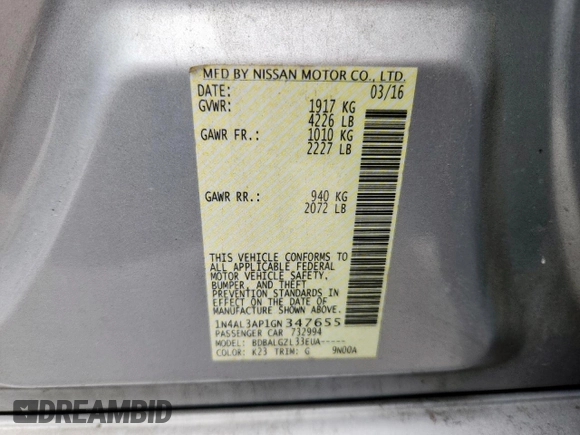 2016 Nissan Altima S with VIN 1N4AL3AP1GN347655, listed as a Copart auction lot 62834255 with 211,743 mi miles and Clean title. Bid and sale history available at DreamBid. Image 12.