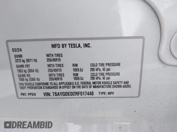 2024 Tesla Model Y with VIN 7SAYGDED2RF017448, listed as a IAAI auction lot 41597056 with 9,702 mi miles and . Bid and sale history available at DreamBid. Image 9.
