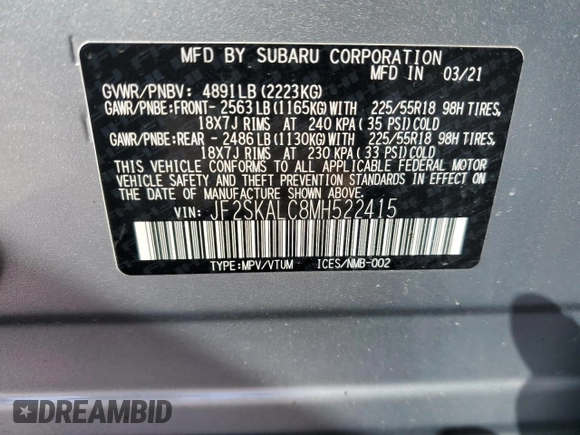 2021 Subaru Forester Special Sports with VIN JF2SKALC8MH522415, listed as a Copart auction lot 52174315 with 79,882 mi miles and Salvage title. Bid and sale history available at DreamBid. Image 13.