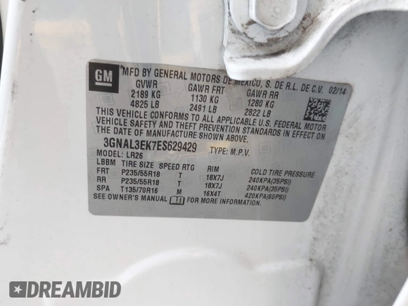 2014 Chevrolet Captiva Sport LT with VIN 3GNAL3EK7ES629429, listed as a IAAI auction lot 42205153 with 147,851 mi miles and . Bid and sale history available at carsss.com. Image 9.