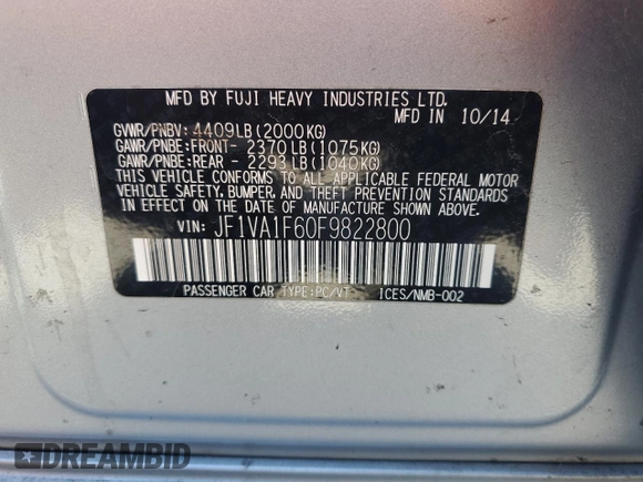 2015 Subaru WRX Premium z VIN JF1VA1F60F9822800, wystawiony jako Copart lot #57797145 z przebiegiem 154 251 mil mil oraz Szkoda całkowita • Salvage title. Historia ofert i sprzedaży dostępna na DreamBid. Obrazek 13.