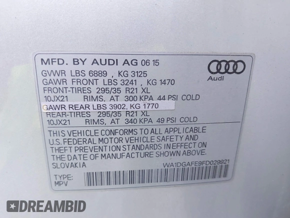 2015 Audi Q7 S line Prestige с VIN WA1DGAFE9FD029921, выставлен на аукционе IAAI как лот 42045827 с пробегом 78 162 миль миль и . История ставок и продаж доступна на DreamBid. Изображение 9.