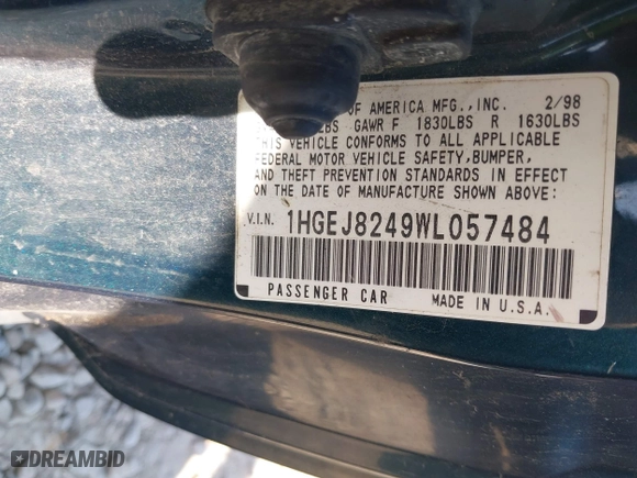 1998 Honda Civic EX with VIN 1HGEJ8249WL057484, listed as a IAAI auction lot 41776124 with 203,020 mi miles. Bid and sale history available at carsss.com. Image 9.