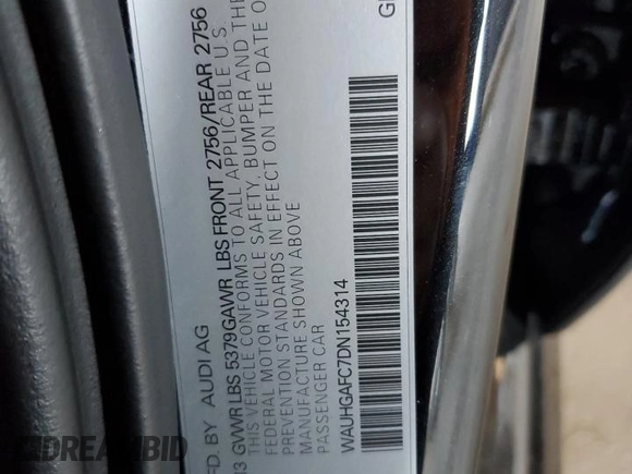 2013 Audi A6 Prestige with VIN WAUHGAFC7DN154314, listed as a Copart auction lot 61223915 with 84,672 mi miles and Salvage title. Bid and sale history available at DreamBid. Image 12.