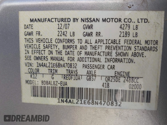 2008 Nissan Altima 2.5 SL with VIN 1N4AL21E68N470832, listed as a IAAI auction lot 42036112 with 162,249 mi miles. Bid and sale history available at carsss.com. Image 9.