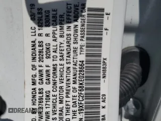 2019 Honda Civic Sedan LX with VIN 19XFC2F68KE028664, listed as a Copart auction lot 62253534 with 142,812 mi miles and Salvage Title. Bid and sale history available at carsss.com. Image 12.