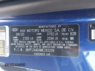 2021 Kia Forte LXS with VIN 3KPF24AD4ME283299, listed as a IAAI auction lot 42414578 with 66,852 mi miles and . Bid and sale history available at DreamBid. Image 9.