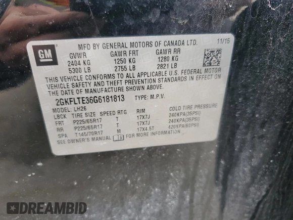 2016 GMC Terrain SLE with VIN 2GKFLTE36G6181813, listed as a Copart auction lot 53709685 with 136,282 mi miles and Salvage Title. Bid and sale history available at DreamBid. Image 14.