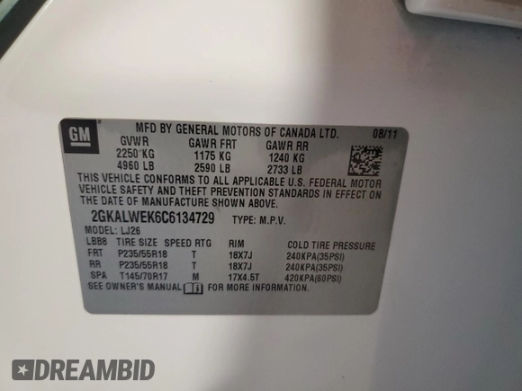 2012 GMC Terrain SLT-2 with VIN 2GKALWEK6C6134729, listed as a Copart auction lot 51848035 with 123,171 mi miles and Salvage title. Bid and sale history available at DreamBid. Image 13.