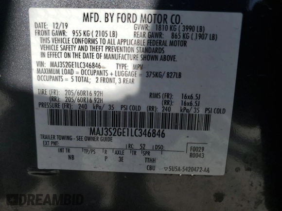 2020 Ford EcoSport SE with VIN MAJ3S2GE1LC346846, listed as a Copart auction lot 49574665 with 65,372 mi miles and Salvage Title. Bid and sale history available at carsss.com. Image 13.
