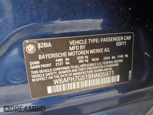 2011 BMW 3 Series 328i with VIN WBAPH7G51BNN05971, listed as a Copart auction lot 52337275 with 123,847 mi miles and Clean Title. Bid and sale history available at carsss.com. Image 12.