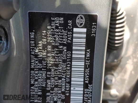 2014 Toyota Camry L with VIN 4T4BF1FK6ER431160, listed as a Copart auction lot 54502315 with 66,326 mi miles and Clean Title. Bid and sale history available at carsss.com. Image 12.