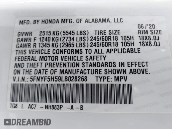 2020 Honda Pilot EX-L with VIN 5FNYF5H59LB028268, listed as a IAAI auction lot 42355620 with 107,033 mi miles and . Bid and sale history available at DreamBid. Image 9.