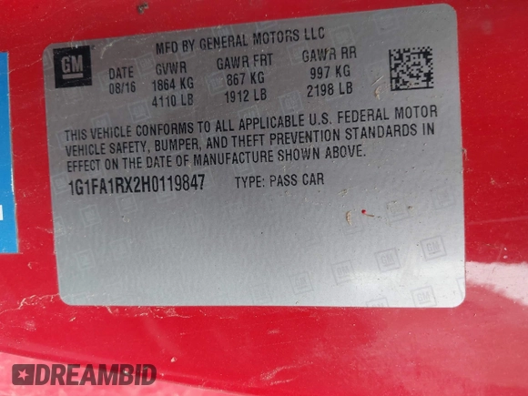 2017 Chevrolet Camaro 1LT z VIN 1G1FA1RX2H0119847, wystawiony jako IAAI lot #41936497 z przebiegiem 125 711 mil mil oraz . Historia ofert i sprzedaży dostępna na DreamBid. Obrazek 9.