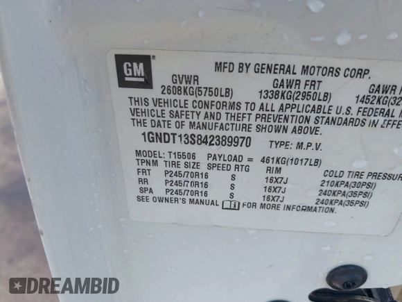 2004 Chevrolet TrailBlazer LS with VIN 1GNDT13S842389970, listed as a IAAI auction lot 40377507 with 178,488 mi miles and . Bid and sale history available at DreamBid. Image 9.