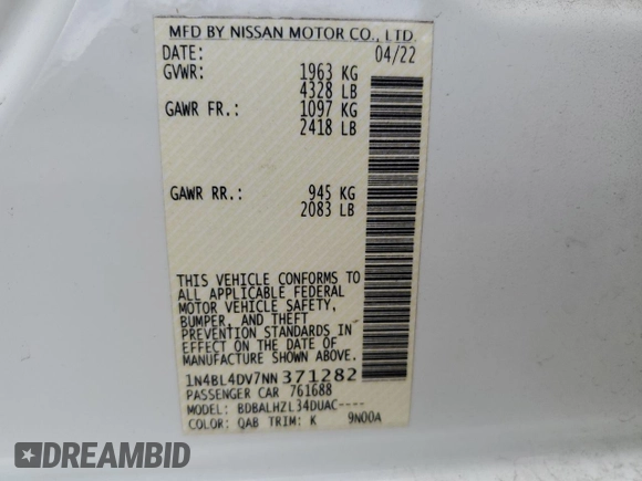 2022 Nissan Altima SV z VIN 1N4BL4DV7NN371282, wystawiony jako Copart lot #53134055 z przebiegiem 60 341 mil mil oraz Szkoda całkowita • Salvage title. Historia ofert i sprzedaży dostępna na DreamBid. Obrazek 14.