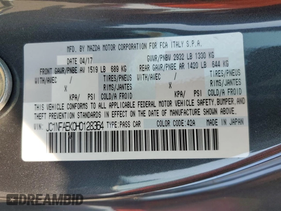 2017 FIAT 124 Spider Lusso z VIN JC1NFAEK0H0128364, wystawiony jako Copart lot #69865014 z przebiegiem 10 208 mil mil oraz Nie do naprawy • Non repairable. Historia ofert i sprzedaży dostępna na DreamBid. Obrazek 12.