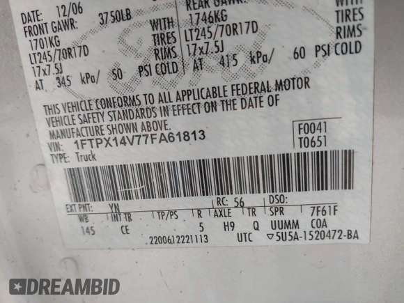 2007 Ford F-150 XLT с VIN 1FTPX14V77FA61813, выставлен на аукционе IAAI как лот 42034381 с пробегом 196 245 миль миль и . История ставок и продаж доступна на DreamBid. Изображение 9.