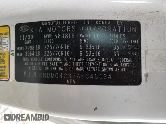 2010 Kia Sedona LX with VIN KNDMG4C32A6346124, listed as a Copart auction lot 79019814 with 160,321 mi miles and Salvage Title. Bid and sale history available at DreamBid. Image 14.