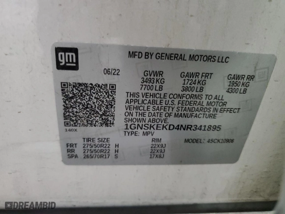 2022 Chevrolet Suburban RST with VIN 1GNSKEKD4NR341895, listed as a Copart auction lot 45866445 with 47,571 mi miles and Salvage Title. Bid and sale history available at carsss.com. Image 13.