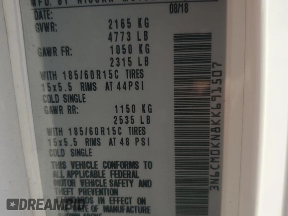 2019 Nissan NV200 S with VIN 3N6CM0KN8KK691507, listed as a Copart auction lot 57209875 with 126,013 mi miles and Salvage title. Bid and sale history available at DreamBid. Image 13.