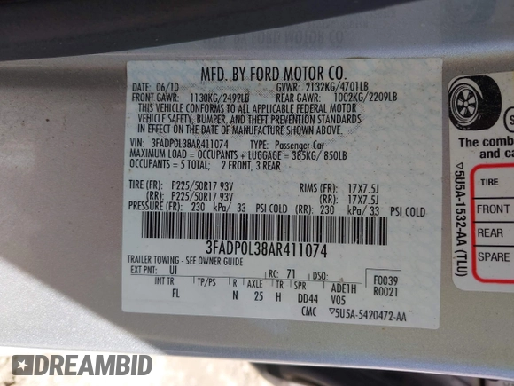 2010 Ford Fusion Hybrid z VIN 3FADP0L38AR411074, wystawiony jako IAAI lot #41928348 z przebiegiem 79 306 mil mil oraz . Historia ofert i sprzedaży dostępna na DreamBid. Obrazek 9.