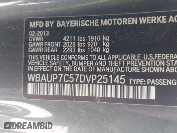 2013 BMW 1 Series 128i with VIN WBAUP7C57DVP25145, listed as a IAAI auction lot 42186423 with 131,222 mi miles and . Bid and sale history available at DreamBid. Image 9.