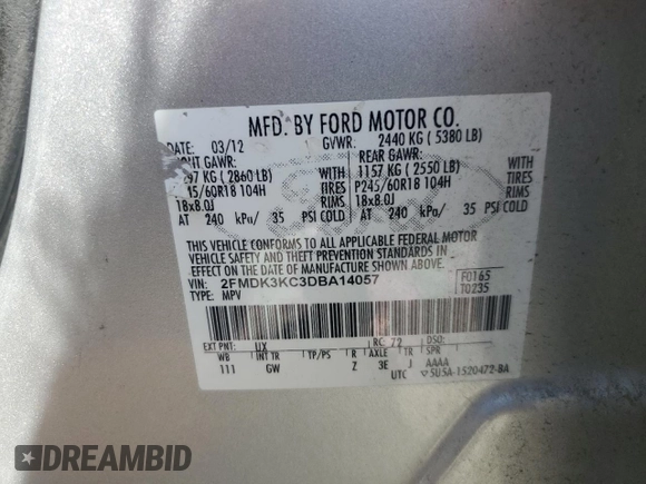 2013 Ford Edge Limited with VIN 2FMDK3KC3DBA14057, listed as a Copart auction lot 57694065 with 250,913 mi miles and Salvage title. Bid and sale history available at DreamBid. Image 13.