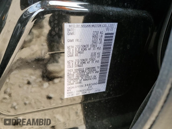 2025 Infiniti QX60 Luxe with VIN 5N1AL1FS5SC348500, listed as a Copart auction lot 54202275 with 2,172 mi miles and Salvage title. Bid and sale history available at DreamBid. Image 14.