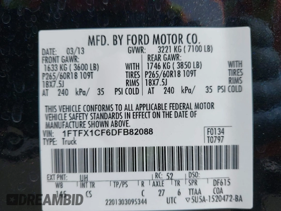 2013 Ford F-150 XL with VIN 1FTFX1CF6DFB82088, listed as a IAAI auction lot 41741307 with 194,704 mi miles and . Bid and sale history available at DreamBid. Image 9.