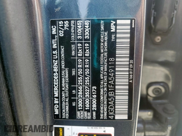 2015 Mercedes-Benz M 350 with VIN 4JGDA5JB1FA549118, listed as a Copart auction lot 56666645 with 138,844 mi miles and Salvage title. Bid and sale history available at DreamBid. Image 13.