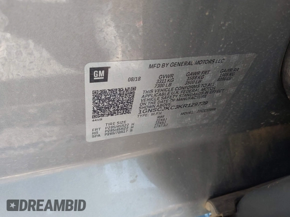 2019 Chevrolet Suburban LT with VIN 1GNSCJKC3KR129739, listed as a IAAI auction lot 42044708 with 105,771 mi miles and . Bid and sale history available at DreamBid. Image 9.
