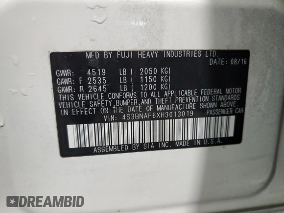 2017 Subaru Legacy Premium with VIN 4S3BNAF6XH3013019, listed as a Copart auction lot 58225975 with 114,470 mi miles and Salvage title. Bid and sale history available at DreamBid. Image 12.