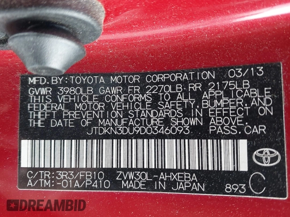 2013 Toyota Prius One with VIN JTDKN3DU9D0346093, listed as a IAAI auction lot 42022273 with 165,731 mi miles and . Bid and sale history available at DreamBid. Image 9.