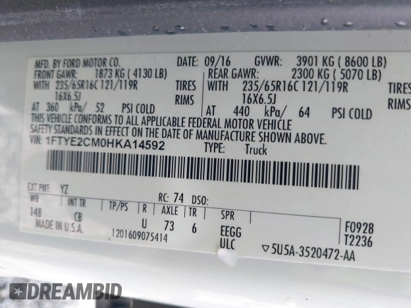 2017 Ford Transit with VIN 1FTYE2CM0HKA14592, listed as a IAAI auction lot 41701245 with 33,378 mi miles and . Bid and sale history available at DreamBid. Image 9.