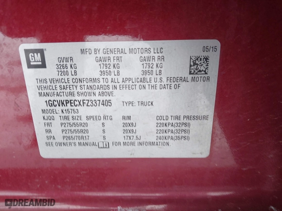 2015 Chevrolet Silverado 1500 Work Truck with VIN 1GCVKPECXFZ337405, listed as a IAAI auction lot 41989619 with 85,178 mi miles. Bid and sale history available at carsss.com. Image 9.