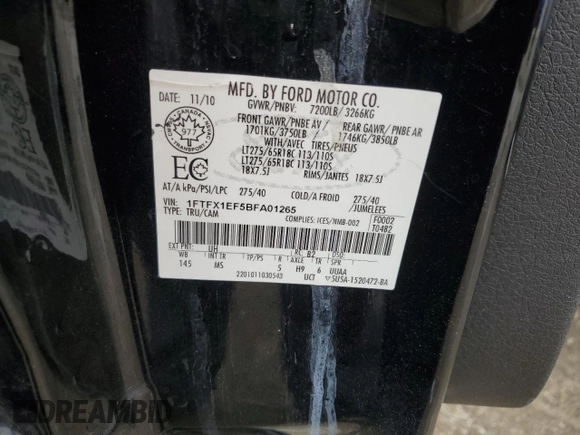 2011 Ford F-150 XL with VIN 1FTFX1EF5BFA01265, listed as a Copart auction lot 54848895 with 166,524 mi miles and Salvage title. Bid and sale history available at DreamBid. Image 12.